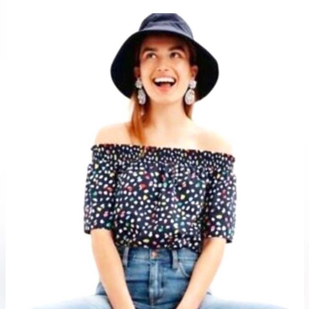 J. Crew Ratti Navy with Colored Polka Dots Off Shoulder Top Size 8 Whimsical​​​